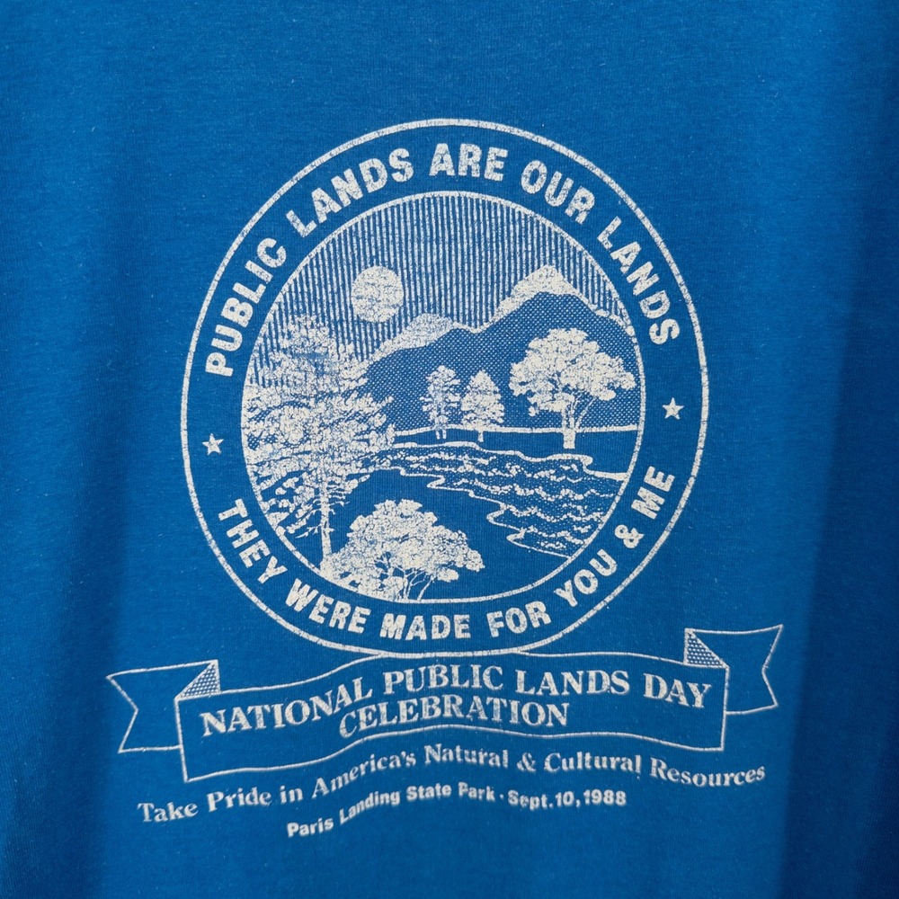 Vintage Single Stitch T-Shirt 1988 Public Lands XL Blue Paris Landing TN Gorp - Picture 2 of 9